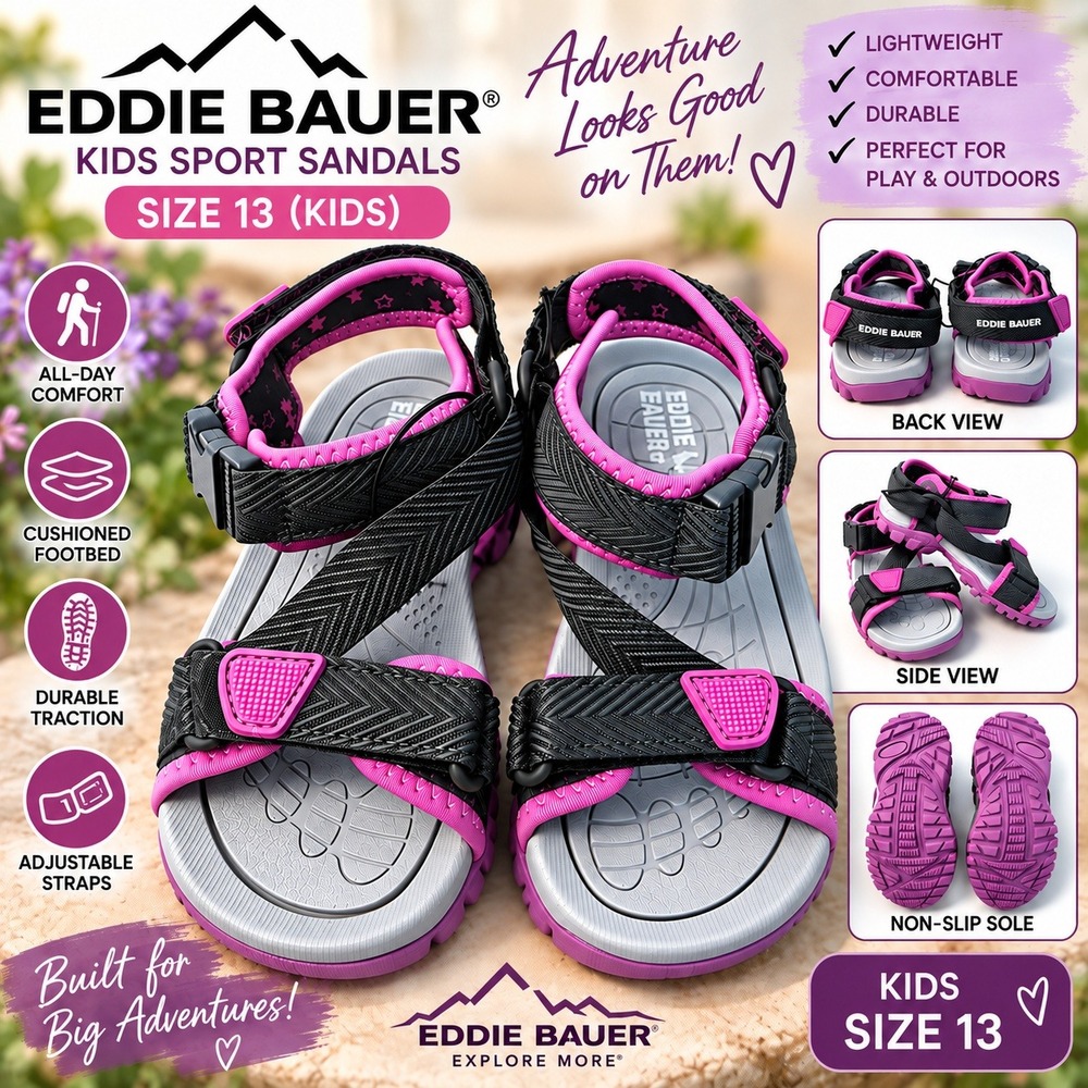 Eddie Bauer Kids Glide Sport Sandals Black Purple Size 13 Adjustable Straps